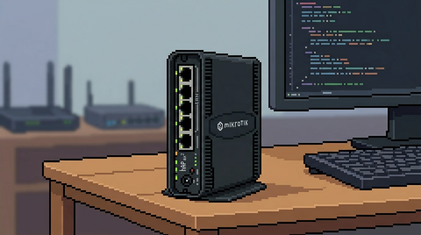 Pixel art illustration of a MikroTik router
